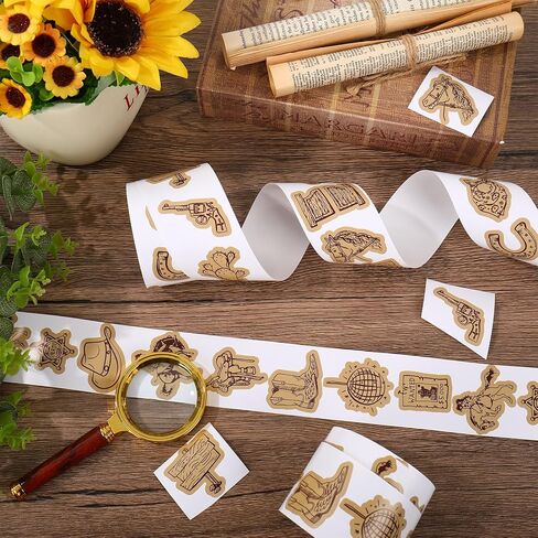 Whaline 1000Pcs Western Cowboy Sticker Roll Brown Wild West Decals 16 Design Rodeo Party Self-Adhesive Labels for Scrapbook Journal DIY Crafts Party Favors Classroom Rewards, 2 Rolls in Kuwait