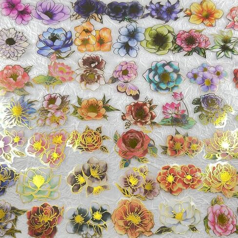 50Pcs Flower Stickers with Gold Holographic Outlines, Glitter Shiny Floral Waterproof Decorative Decals for Scrapbooking Supplies Junk Journal Bullet Journals Planners (Flower) in Saudi Arabia