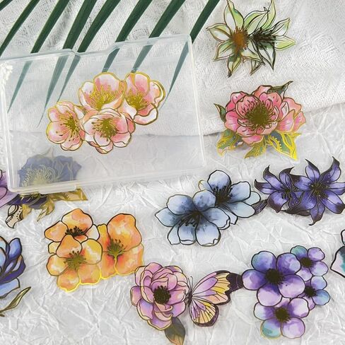50Pcs Flower Stickers with Gold Holographic Outlines, Glitter Shiny Floral Waterproof Decorative Decals for Scrapbooking Supplies Junk Journal Bullet Journals Planners (Flower) in Saudi Arabia