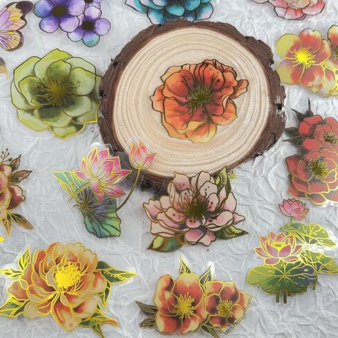 50Pcs Flower Stickers with Gold Holographic Outlines, Glitter Shiny Floral Waterproof Decorative Decals for Scrapbooking Supplies Junk Journal Bullet Journals Planners (Flower) in Saudi Arabia