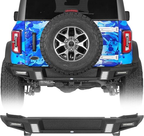 Hooke Road 21-26 Bronco Rear Bumper for 2021-2026 Ford Bronco(Exclude Bronco Sport & Raptor), Offroad Heavy Duty Steel Back Bumper with 2×18W LED Lights, Sensor Holes in Kuwait