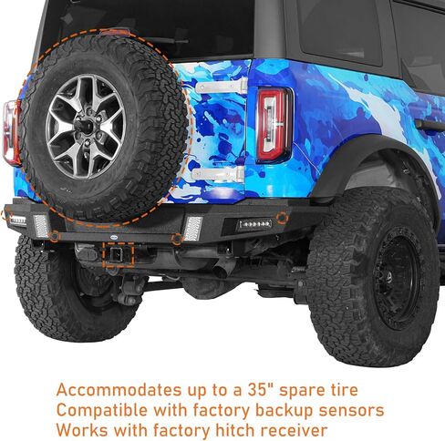 Hooke Road 21-26 Bronco Rear Bumper for 2021-2026 Ford Bronco(Exclude Bronco Sport & Raptor), Offroad Heavy Duty Steel Back Bumper with 2×18W LED Lights, Sensor Holes in Kuwait