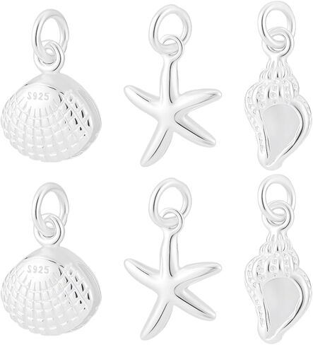 Beebeecraft 6Pcs 3 Styles 925 Sterling Silver Summer Beach Charms for Jewelry Making Seashell Scallop Cowrie Shell Starfish Charms Ocean Sea Animal Pendants with Jump Rings for Bracelets Necklace in Saudi Arabia