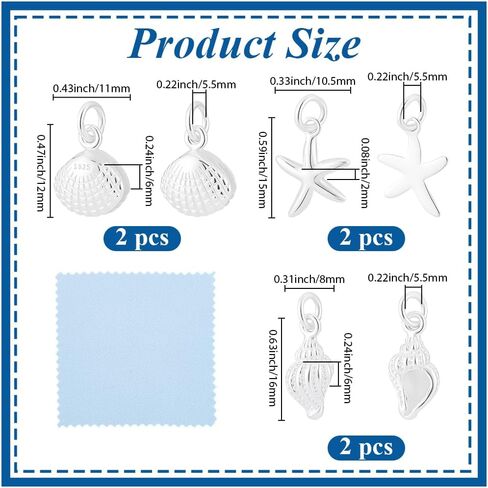 Beebeecraft 6Pcs 3 Styles 925 Sterling Silver Summer Beach Charms for Jewelry Making Seashell Scallop Cowrie Shell Starfish Charms Ocean Sea Animal Pendants with Jump Rings for Bracelets Necklace in Saudi Arabia