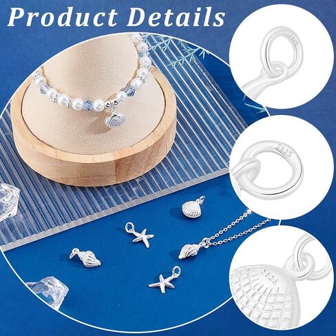Beebeecraft 6Pcs 3 Styles 925 Sterling Silver Summer Beach Charms for Jewelry Making Seashell Scallop Cowrie Shell Starfish Charms Ocean Sea Animal Pendants with Jump Rings for Bracelets Necklace in Saudi Arabia