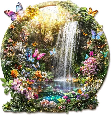 Wooden Puzzles for Adults, Butterflies and Waterfalls Jigsaw Puzzles, 104 Piece Unique Shaped Puzzle, 3D Visual Landscape Shape Puzzle, Gifts for Adults，Wall Decor(8.5 * 8.2 in) in Saudi Arabia