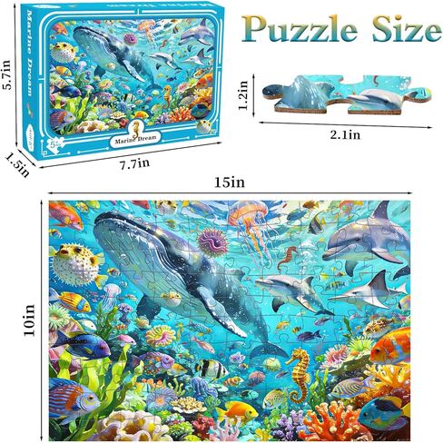 100 Piece Kids Puzzles Ages 5-10 Colorful Underwater Ocean World Jigsaw Puzzle with Whale Sea Animals Educational Learning Puzzles for Boys Girls in Kuwait