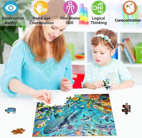 100 Piece Kids Puzzles Ages 5-10 Colorful Underwater Ocean World Jigsaw Puzzle with Whale Sea Animals Educational Learning Puzzles for Boys Girls in Kuwait