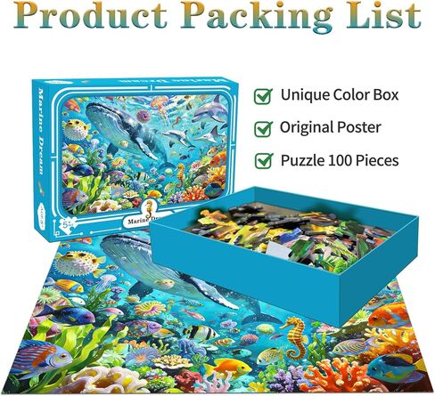 100 Piece Kids Puzzles Ages 5-10 Colorful Underwater Ocean World Jigsaw Puzzle with Whale Sea Animals Educational Learning Puzzles for Boys Girls in Kuwait