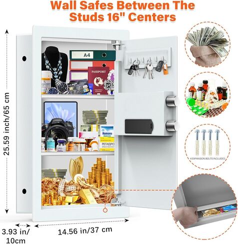 25.6" Tall Fireproof Wall Safes Between the Studs 16" Centers, Hidden Wall Safe with 2 Removable Shelf & Hidden Tray, Heavy Duty Wall Mount Safe for Money, Jewelry, Passport, Valuables(White) in Saudi Arabia