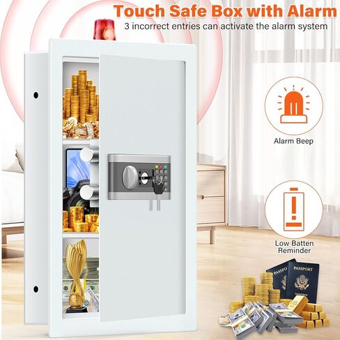 25.6" Tall Fireproof Wall Safes Between the Studs 16" Centers, Hidden Wall Safe with 2 Removable Shelf & Hidden Tray, Heavy Duty Wall Mount Safe for Money, Jewelry, Passport, Valuables(White) in Saudi Arabia
