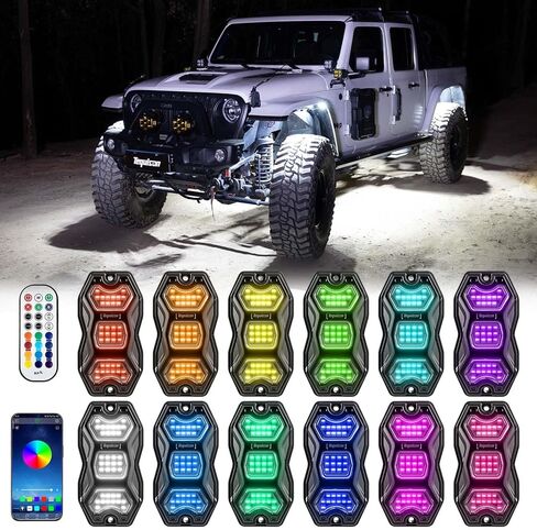 RGB Rock Lights for Trucks Jeep, 8 Pods with APP & RF Control, Pure White & 16M Colors, 20+ Dynamic Modes, Music & Voice Sync, IP67 Waterproof, Includes 4x6.7ft Extension Wires in Saudi Arabia