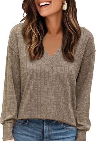 Allegra K V Neck Long Sleeve Shirt for Women Casual Fall Top 2025 Lightweight Tunic Sweater Knit Tops in Saudi Arabia