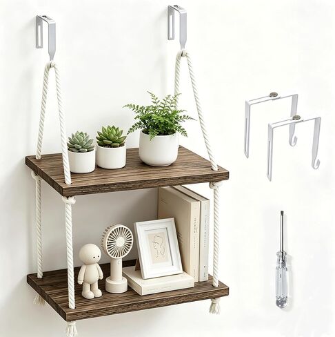 2 Tier Cubicle Shelf for Fabric Wall with Hooks,11.8 Inch Wodden Hanging Shelf with Cotton Rope Organizer Hanging Office Cubical Accessories for work,Boho Style Decor for Women Men Desk Storage in Saudi Arabia