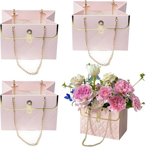 Vesfika Holiday Flower Paper Gift Box,4 pcs Pink Bouquet Storage Bucket Florist Handbag with Metal Chain,Gift Craft Wrap Bag for Wedding Party Valentine's Day Birthday Bridal Shower Gift Wrap Bags in Kuwait