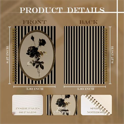 JTRYHRERE Vintage Gothic Black Rose Spiral Notebook for Work Study, Dark Academia Goth Floral Black and Beige Striped Notebook Journal for Women Note Taking, 5.5x8.3 Inch in Kuwait