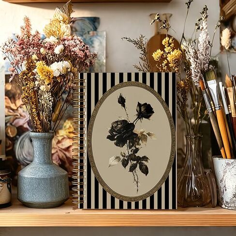 JTRYHRERE Vintage Gothic Black Rose Spiral Notebook for Work Study, Dark Academia Goth Floral Black and Beige Striped Notebook Journal for Women Note Taking, 5.5x8.3 Inch in Kuwait