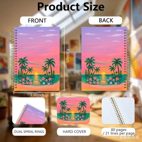 Tropical Hardcover Spiral Notebook - Sunset A5 Lined Spiral Journal Notebook 5.5"x8.3", 80 Pages, Beach Ocean Coastal School Office Supplies, Palm Tree Hard Cover Notebooks for Work/ Note Taking in Kuwait
