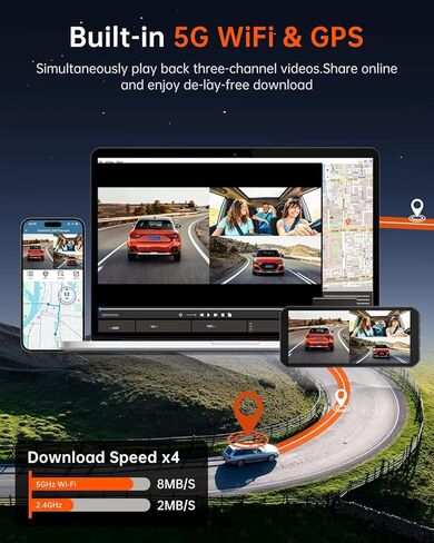 3 Channel 5K Dash Cam Built-in GPS & 5G WiFi, UHD 4K+1K+1K Triple Car Camera with 3.99" IPS Touch Screen, 4K+1080P Dash Camera Front and Rear Inside for Cars, 64GB Card Included, 24H Parking Mode in Saudi Arabia