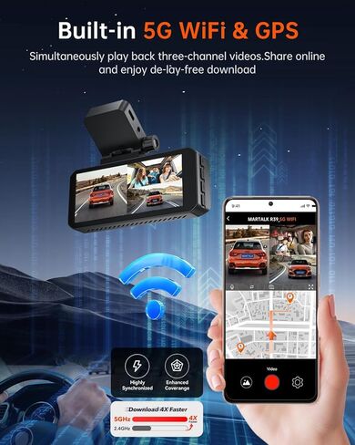 3 Channel 5K Dash Cam Built-in GPS & 5G WiFi, UHD 4K+1K+1K Triple Car Camera with 3.99" IPS Touch Screen, 4K+1080P Dash Camera Front and Rear Inside for Cars, 64GB Card Included, 24H Parking Mode in Saudi Arabia
