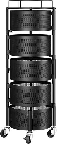 Rolling Drawer Storage Cart with 360° Rotating Open-Drawer Design, 5-Tier Metal Utility Cart with Round Storage Drawer for Kitchen, Bathroom, Laundry Room (Black) in Saudi Arabia