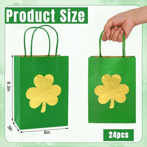 FYSUIMU 24Pcs St. Patrick's Day Paper Bags Gold Foil Shamrock Treat Gift Bags with Handles Green Candy Goodie Bags Grocery Shopping Bags for Irish Holiday Party in Saudi Arabia