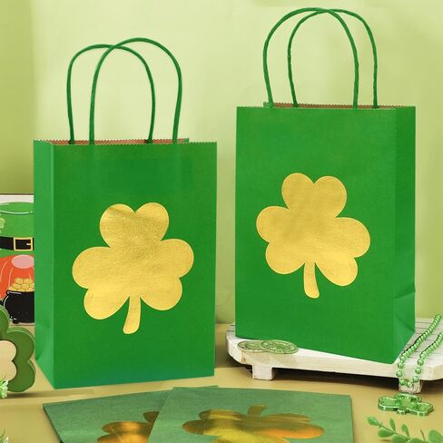 FYSUIMU 24Pcs St. Patrick's Day Paper Bags Gold Foil Shamrock Treat Gift Bags with Handles Green Candy Goodie Bags Grocery Shopping Bags for Irish Holiday Party in Saudi Arabia