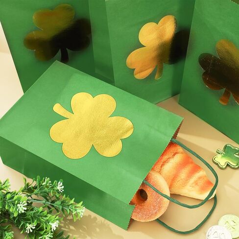FYSUIMU 24Pcs St. Patrick's Day Paper Bags Gold Foil Shamrock Treat Gift Bags with Handles Green Candy Goodie Bags Grocery Shopping Bags for Irish Holiday Party in Saudi Arabia