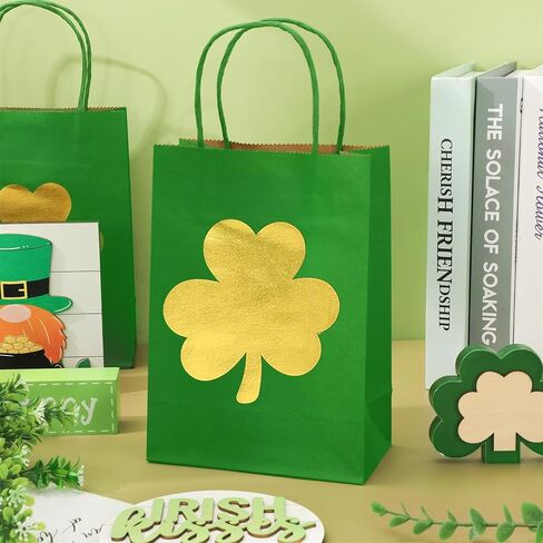 FYSUIMU 24Pcs St. Patrick's Day Paper Bags Gold Foil Shamrock Treat Gift Bags with Handles Green Candy Goodie Bags Grocery Shopping Bags for Irish Holiday Party in Saudi Arabia