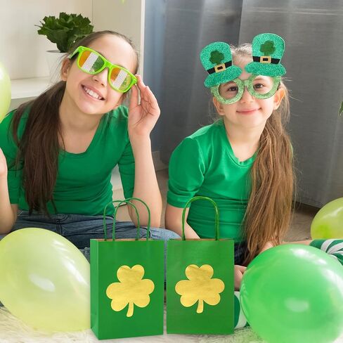 FYSUIMU 24Pcs St. Patrick's Day Paper Bags Gold Foil Shamrock Treat Gift Bags with Handles Green Candy Goodie Bags Grocery Shopping Bags for Irish Holiday Party in Saudi Arabia