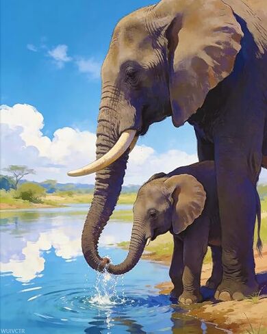 WUIVCTR Paint by Numbers Kit for Adults, Lakeside Scenery and Elephants Oil Painting Kit for Beginners, 16x20 Inch, Holiday Gift in Kuwait