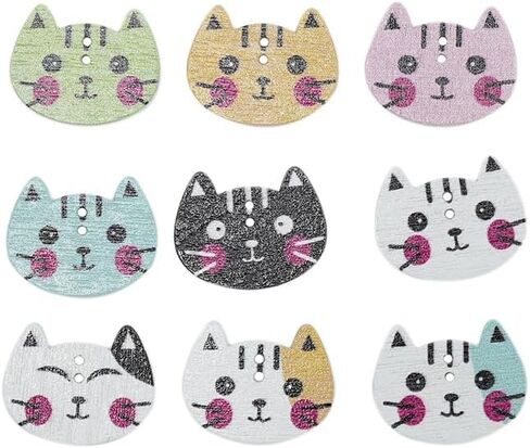 50pcs 2x1.6inch Cartoon Cute Kitty 2 Holes Wooden Button Clothes Scarf Hat DIY Buttons, Colors May Vary in Saudi Arabia