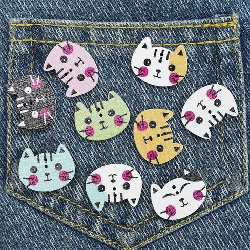 50pcs 2x1.6inch Cartoon Cute Kitty 2 Holes Wooden Button Clothes Scarf Hat DIY Buttons, Colors May Vary in Saudi Arabia