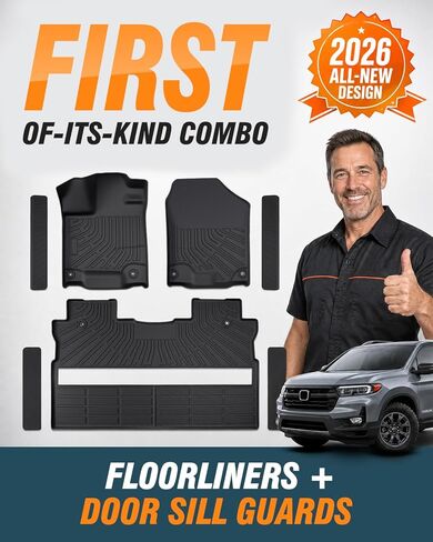 All-Weather TPE Floor Mats & Door Sill Guards for Honda Ridgeline Crew Cab 2017–2026, Custom Fit Full Coverage Floor Liners with 4 Door Sill Protectors, Non-Slip Waterproof Accessories in Kuwait