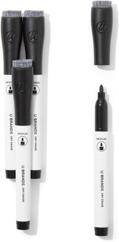 U Brands Dry Erase Markers Medium Tip Set, 4 Pack, Black, Whiteboard Pens with Medium Point and Built In Eraser Caps, Low Odor Ink, Dry Erase Markers For Classroom, Office, Or Home in Kuwait