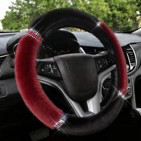 Car Fluffy Steering Wheel Cover, 15 Inch Car Steering Wheel Protector with Sparkly Rhinestone, Winter Anti-Slip Plush Warm Auto Protector Accessories, Auto Accessories for Women (Red) in Kuwait