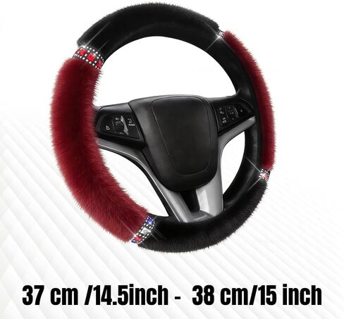 Car Fluffy Steering Wheel Cover, 15 Inch Car Steering Wheel Protector with Sparkly Rhinestone, Winter Anti-Slip Plush Warm Auto Protector Accessories, Auto Accessories for Women (Red) in Kuwait