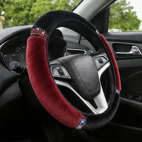 Car Fluffy Steering Wheel Cover, 15 Inch Car Steering Wheel Protector with Sparkly Rhinestone, Winter Anti-Slip Plush Warm Auto Protector Accessories, Auto Accessories for Women (Red) in Kuwait