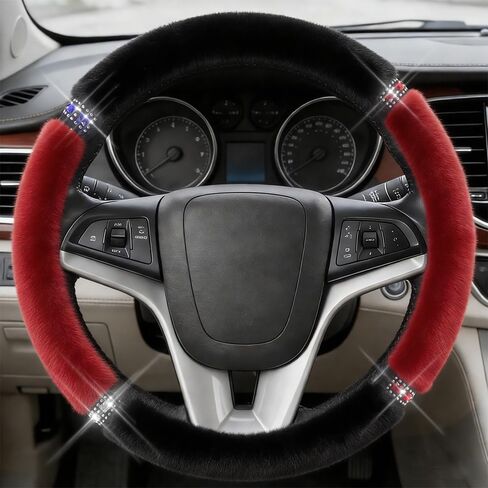 Car Fluffy Steering Wheel Cover, 15 Inch Car Steering Wheel Protector with Sparkly Rhinestone, Winter Anti-Slip Plush Warm Auto Protector Accessories, Auto Accessories for Women (Red) in Kuwait