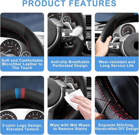 Microfiber Leather DIY Steering Wheel Cover for BMW X5 X2 M F85 X6 M F86 M Sport F30 F33 M3 F80 M4 M5 F82 M2 F87 M6 F12 F13 Accessories, Hand Stitched Full Wrap Steering Wheel Protector (Black) in Kuwait