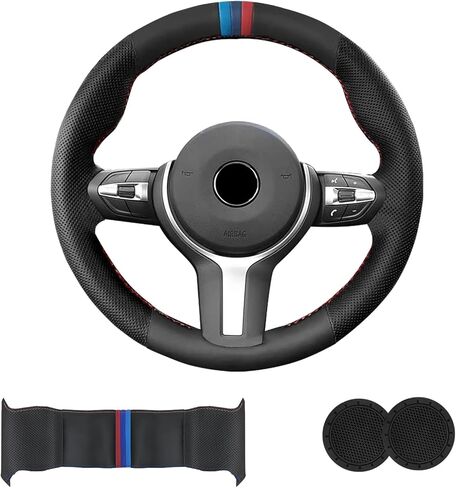 Microfiber Leather DIY Steering Wheel Cover for BMW X5 X2 M F85 X6 M F86 M Sport F30 F33 M3 F80 M4 M5 F82 M2 F87 M6 F12 F13 Accessories, Hand Stitched Full Wrap Steering Wheel Protector (Black) in Kuwait