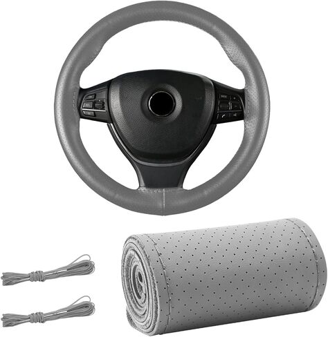 Genuine Leather Steering Wheel Cover, 15 Inches Stitch on Wrap Steering Wheel Protector, Anti-Slip DIY Sewing Auto Wheel Cover with Needle Thread, Car Accessories (Gray, Full Hole) in Saudi Arabia