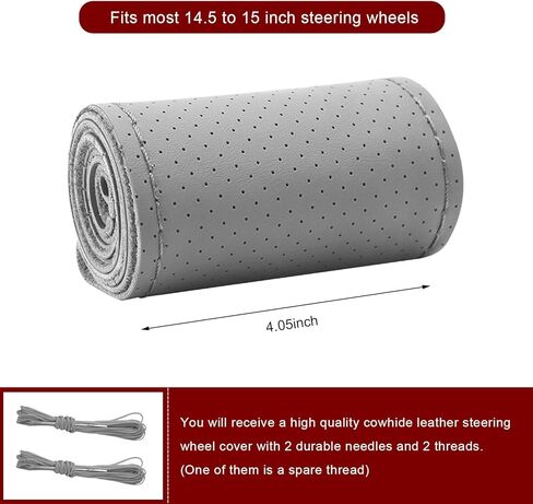 Genuine Leather Steering Wheel Cover, 15 Inches Stitch on Wrap Steering Wheel Protector, Anti-Slip DIY Sewing Auto Wheel Cover with Needle Thread, Car Accessories (Gray, Full Hole) in Saudi Arabia