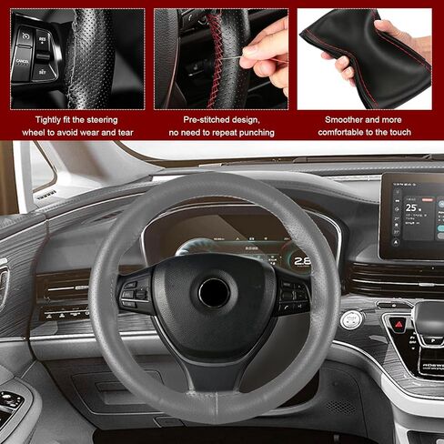 Genuine Leather Steering Wheel Cover, 15 Inches Stitch on Wrap Steering Wheel Protector, Anti-Slip DIY Sewing Auto Wheel Cover with Needle Thread, Car Accessories (Gray, Full Hole) in Saudi Arabia