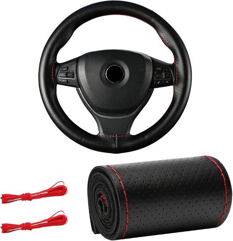 Genuine Leather Steering Wheel Cover, 15 Inches Stitch on Wrap Steering Wheel Protector, Anti-Slip DIY Sewing Auto Wheel Cover with Needle Thread, Car Accessories (Gray, Full Hole) in Saudi Arabia