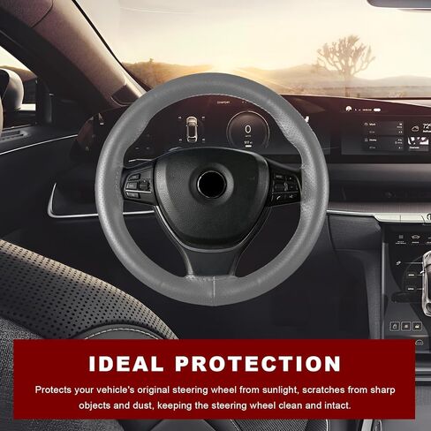 Genuine Leather Steering Wheel Cover, 15 Inches Stitch on Wrap Steering Wheel Protector, Anti-Slip DIY Sewing Auto Wheel Cover with Needle Thread, Car Accessories (Gray, Full Hole) in Saudi Arabia