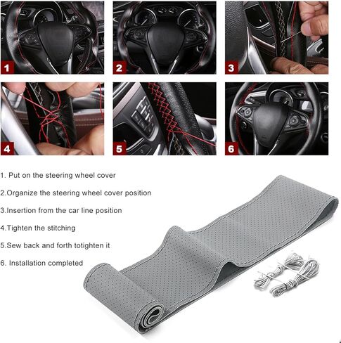 Genuine Leather Steering Wheel Cover, 15 Inches Stitch on Wrap Steering Wheel Protector, Anti-Slip DIY Sewing Auto Wheel Cover with Needle Thread, Car Accessories (Gray, Full Hole) in Saudi Arabia