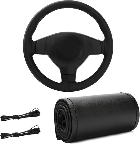 Genuine Leather Steering Wheel Cover, 15 Inches Stitch on Wrap Steering Wheel Protector, Anti-Slip DIY Sewing Auto Wheel Cover with Needle Thread, Car Accessories (Gray, Full Hole) in Saudi Arabia