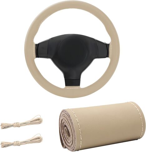 Genuine Leather Steering Wheel Cover, 15 Inches Stitch on Wrap Steering Wheel Protector, Anti-Slip DIY Sewing Auto Wheel Cover with Needle Thread, Car Accessories (Gray, Full Hole) in Saudi Arabia
