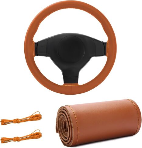 Genuine Leather Steering Wheel Cover, 15 Inches Stitch on Wrap Steering Wheel Protector, Anti-Slip DIY Sewing Auto Wheel Cover with Needle Thread, Car Accessories (Gray, Full Hole) in Saudi Arabia